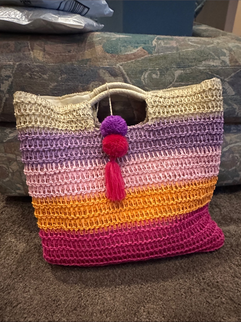 Handwoven Multicolor Stripe Tote Bag with Pom Tassel